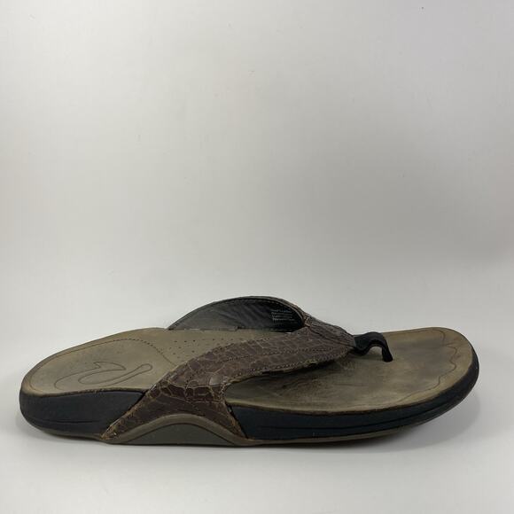 Olukai Kumu Flip Flops Mens Size 10 Brown Leather Hawaiian Beach Sandals - Picture 1 of 9